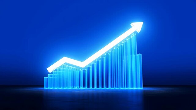 Graph with rising trend line and blue bars on dark background featuring business, finance, growth with chart and statistics elements for economy,