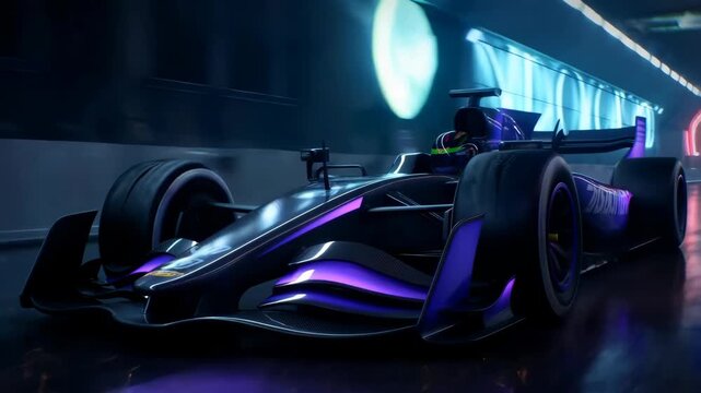 Car race futuristic with purple neon lights on track at night featuring racing, speed, vehicle with automotive and motorsport elements for