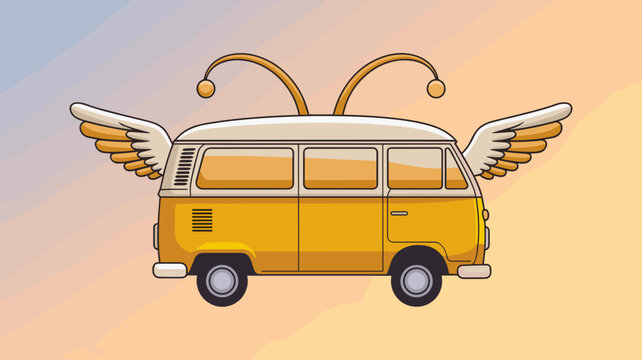 Flying mustard van with feathered wings &ndash; Suitable for dreamlike travel concepts, retro vector art, or playful posters.