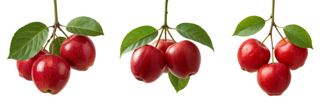 Set of Fresh Red Wax Apples Cluster with Green Leaves &ndash; Juicy Tropical Rose Apples  Hanging on Branch, Ripe Exotic Fruit for Healthy Eating, Isolated PNG with Transparent Background.