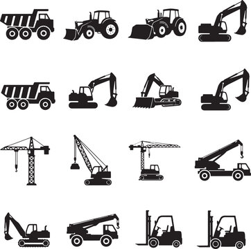 Construction machinery icons set featuring excavators dump trucks tractors cranes and forklifts for industrial design project