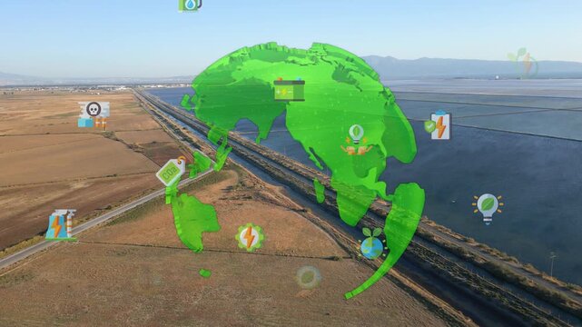 Green Globe Over Irrigation Canal Landscape Agronomist Monitoring Smart Sensors And Crop Water Use, Precision