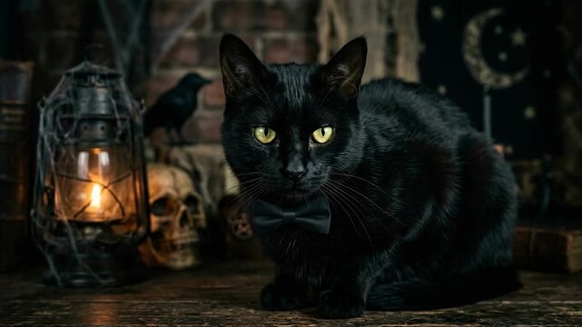 Elegant black cat with bow tie sits in spooky Halloween scene with lantern and skulls