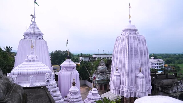 Aerial close view of temple dome (shikhara) with traditional Odia architecture in Odisha, India.Drone shot of the upper dome of a Hindu temple.