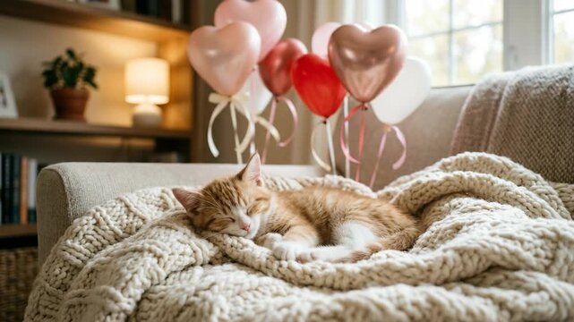 Ginger kitten sleeping peacefully on a chunky knit blanket with heart-shaped balloons nearby