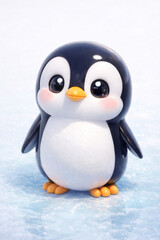 Fototapeta premium Lovely Chubby Baby Penguin Figurine with Large Glossy Eyes and Pronounced Rosy Blush on Frosty Ground.