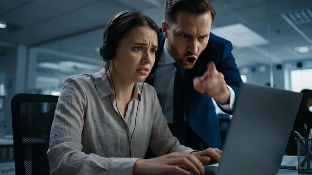 Aggressive toxic boss pointing and yelling at stressed female employee working on laptop in dark corporate office workplace harassment concept
