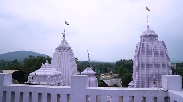 Aerial close view of temple dome (shikhara) with traditional Odia architecture in Odisha, India.Drone shot of the upper dome of a Hindu temple.