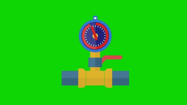 Industrial pressure gauge meter with valve animation on green screen background