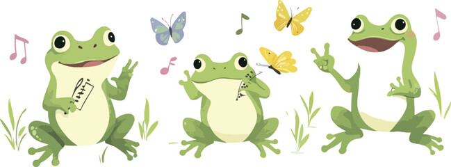 Obraz premium Green Cartoon Frog Vector Illustration Happy Cute Animal
