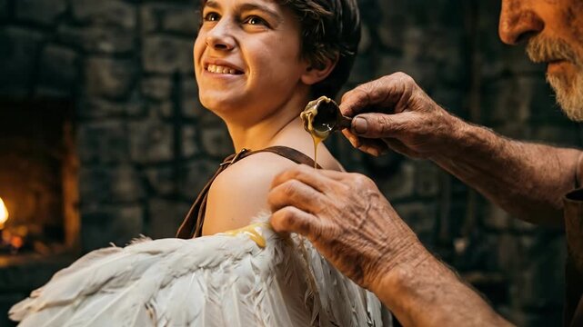 Daedalus carefully attaching feathered wings with beeswax to young Icarus shoulder in ancient stone workshop mythological Greek legend scene concept