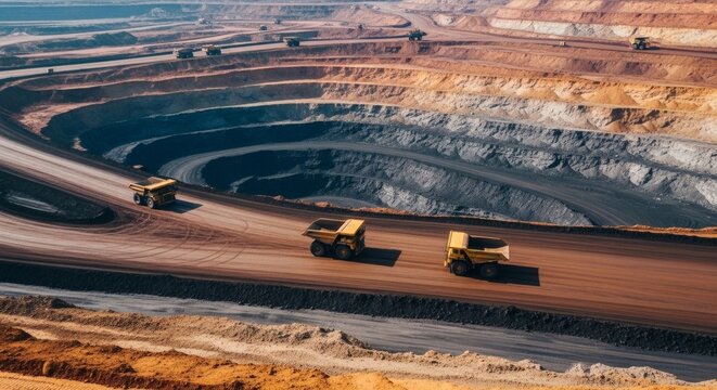 Large mining trucks driving on a dirt road within an open pit mine with layers of soil and rock exposed on the sides of the pit.