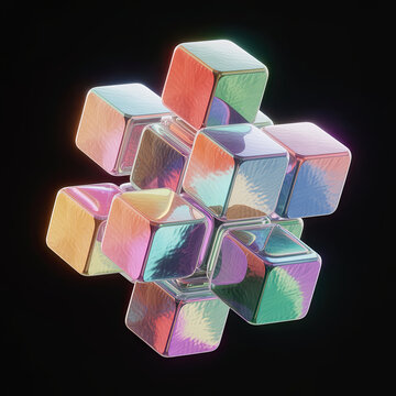 A cluster of iridescent cubes, abstract geometric composition in vibrant colors against a dark background. The arrangement of the cubes creates a visually striking three-dimensional effect.