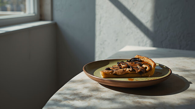 Slice of mushroom quiche or savory tart on plate