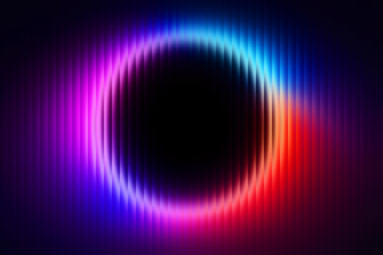 Ripple glass gradient texture, elongated vertical ribs in soft pastel haze, neon circular gradient ring. Minimal luminous surface, delicate reflective detail, 3d illustration.