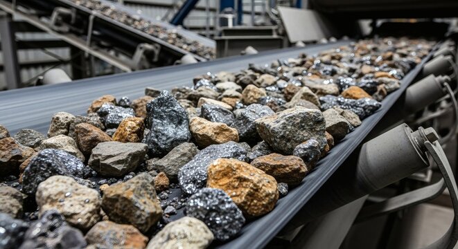 Large rocks and minerals are being transported on a conveyor belt at a mining operation processing facility with industrial equipment in the background for extraction purposes daily.