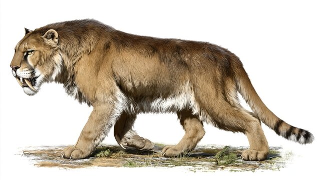 Sabertoothed Cat Walking on Ground With Grass During Prehistoric Time