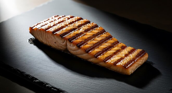 A perfectly grilled fillet of fresh salmon resting on a dark slate plate with visible sear marks. ryba grill