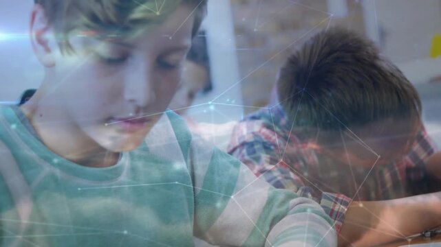 Child in teal shifting from notes to tightening wires, peer leaning in, overlay linking nodes STEM