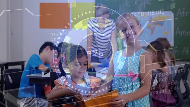 Vertical video: Leaning girl sharing orange folder with wheelchair girl in class to learn HUD