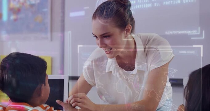 Vertical video: Leaning teacher in white guiding kid holding tablet tapping HUD to learn in class