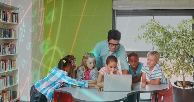 Teacher pointing at laptop teaching kids leaning and touching, wall overlay appearing behind group