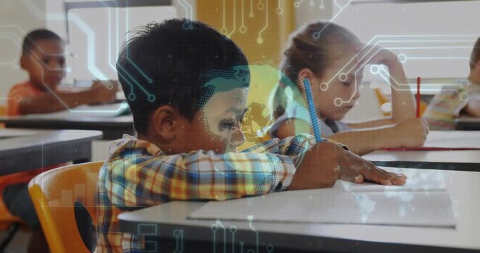 Vertical video: Class starting task, boy writing with pencil at desk, map overlay aligning over boy