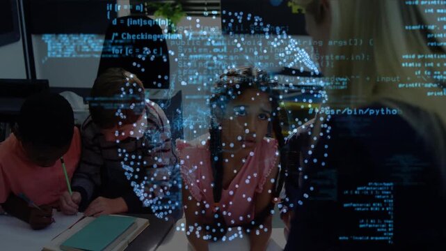 Teacher leaning right starting AR globe over tabs, code scrolling girl raising hand linking to tech