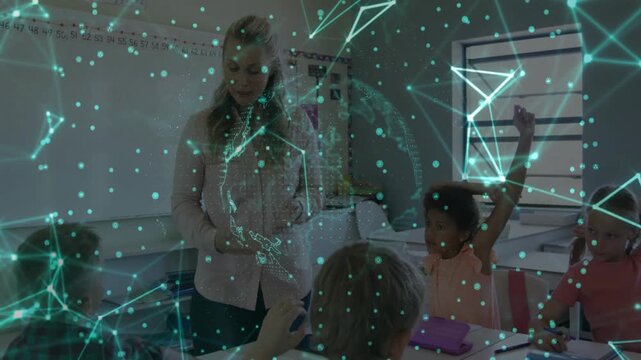 Teacher asking query while students raising hands and teal hologram shifting showing network links
