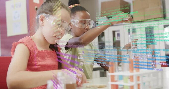 Vertical video: Starting girls in red green tops measuring pouring into tubes with goggles for lab