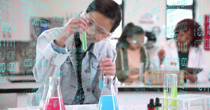 Female student reaching pipette, measuring green vial for lab at bench, binary overlay showing data