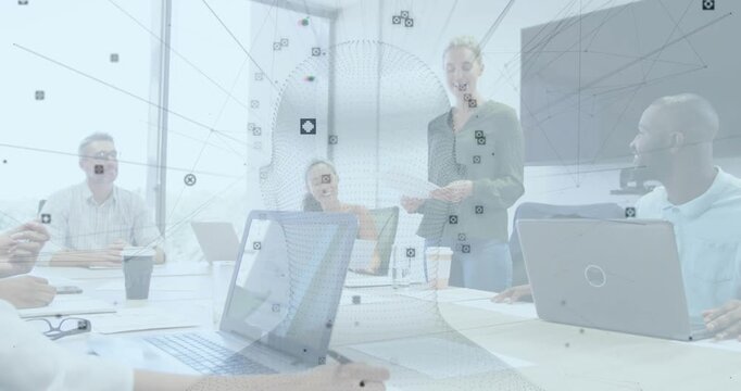 Woman presenter rising and sharing business report, animated head overlay with nodes over laptops