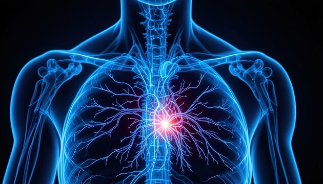 Heart Attack Medical Illustration Showing Blockage and Cardiovascular System in Blue