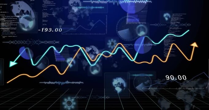 Two colored trend lines moving across black grid on data update, showing comparative analytics