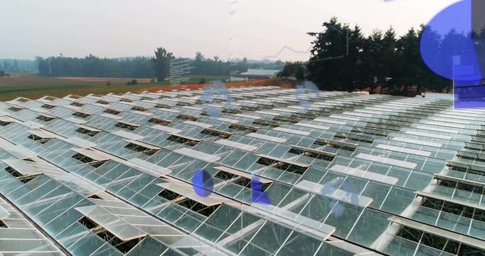 Greenhouse roof receiving data feed, displaying vent markers and charts monitoring agriculture