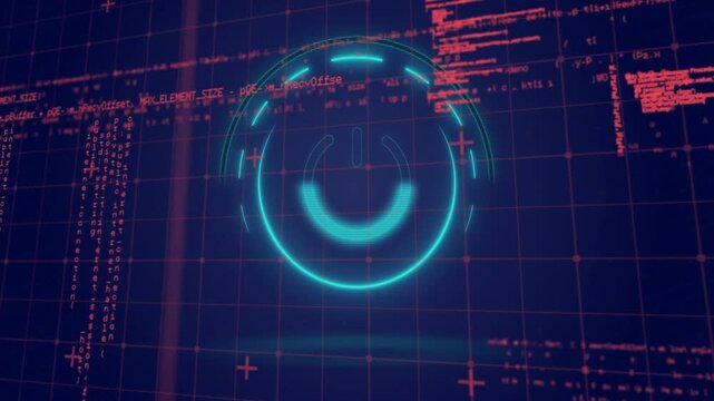 Central HUD element performing activation on startup in tech UI, pulsing ring and shifting red code