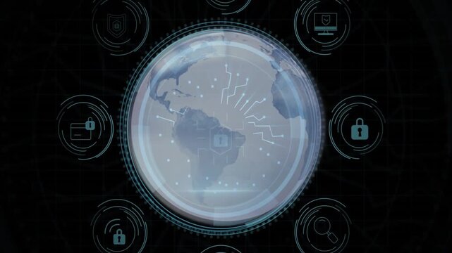 Shield receding revealing globe, rings animating, circuits focusing on lock, showing cyber security