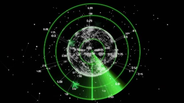 Central globe pulsing as sweep beam rotating, detecting targets and marking technology radar ranges
