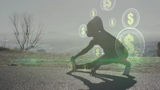 Woman holding can stretching leg training coins arising from right crossing shadow from frame 2