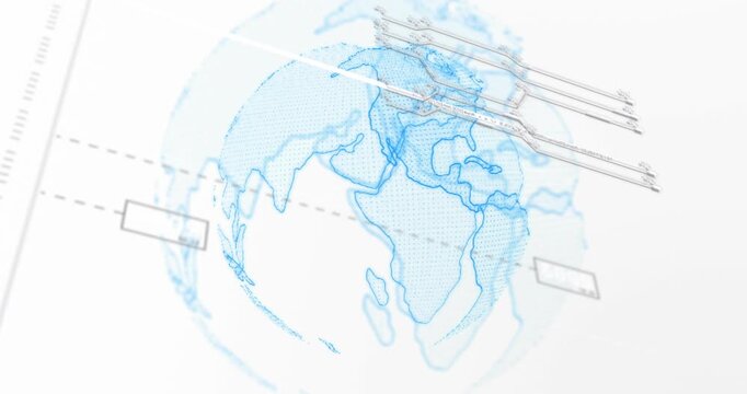 Soft blue blur resolving into wireframe globe, rotating and pulsing, displaying technology data