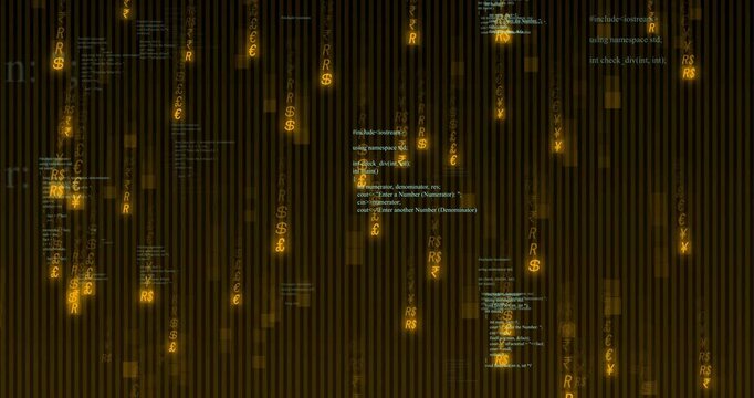 Vertical video: Starting gold glyphs falling on brown stripes, revealing white code blocks and data