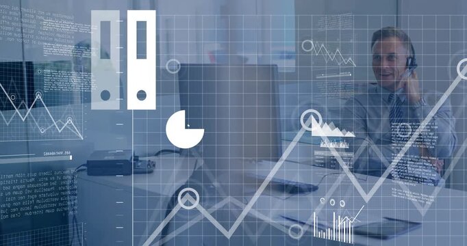 Vertical video: Listening man in tie tuning headset as cloud showing charts near glass, copy space