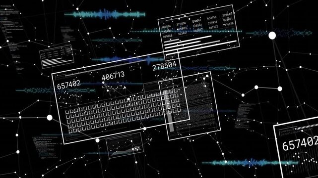 Faint lines starting panels, key grid tilting, numbers updating, wave traces moving for analytics