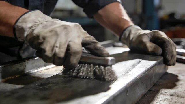 Worker cleaning a metal surface with a wire brush in a workshop, showing equipment maintenance, surface preparation, industrial repair, and safety practices in manufacturing.