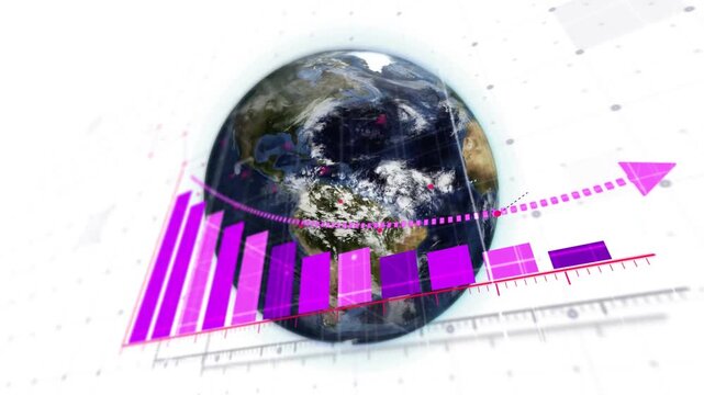 Vertical video: Growing magenta bars from ruler, 3D globe rotating with dotted arrow showing data