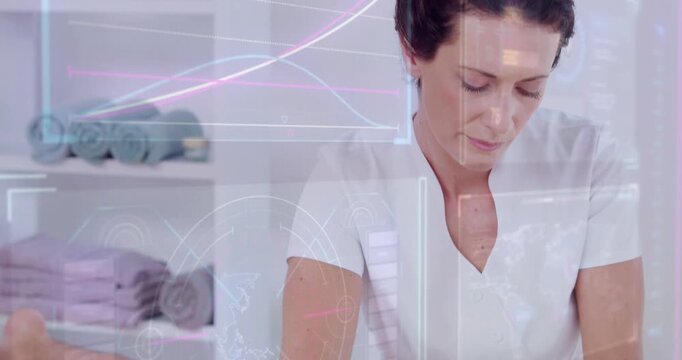 Female therapist starting massage with client prone, kneading back, easing tension, HUD showing map