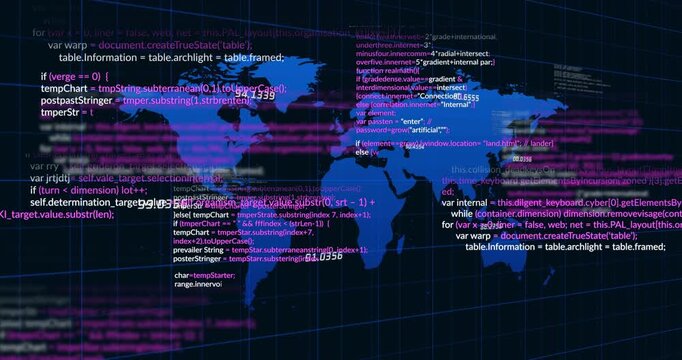 Numeric tags appearing on blue world map sparking magenta streaks, scrolling code for data overload