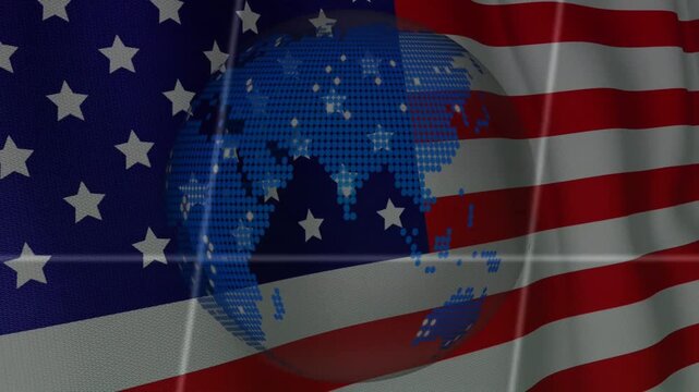 Halftone globe appearing, rotating and fading over waving US flag as panel sliding up for broadcast