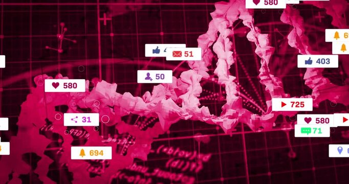 Vertical video: Animating badges appearing from right while helix in pink grid receiving user input