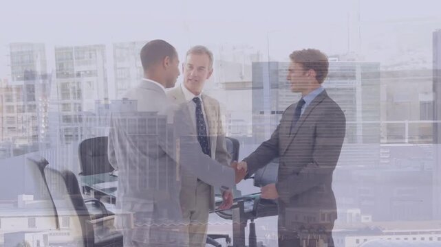 Vertical video: Entering exec leading handshake with suited team in office for meeting, glass table
